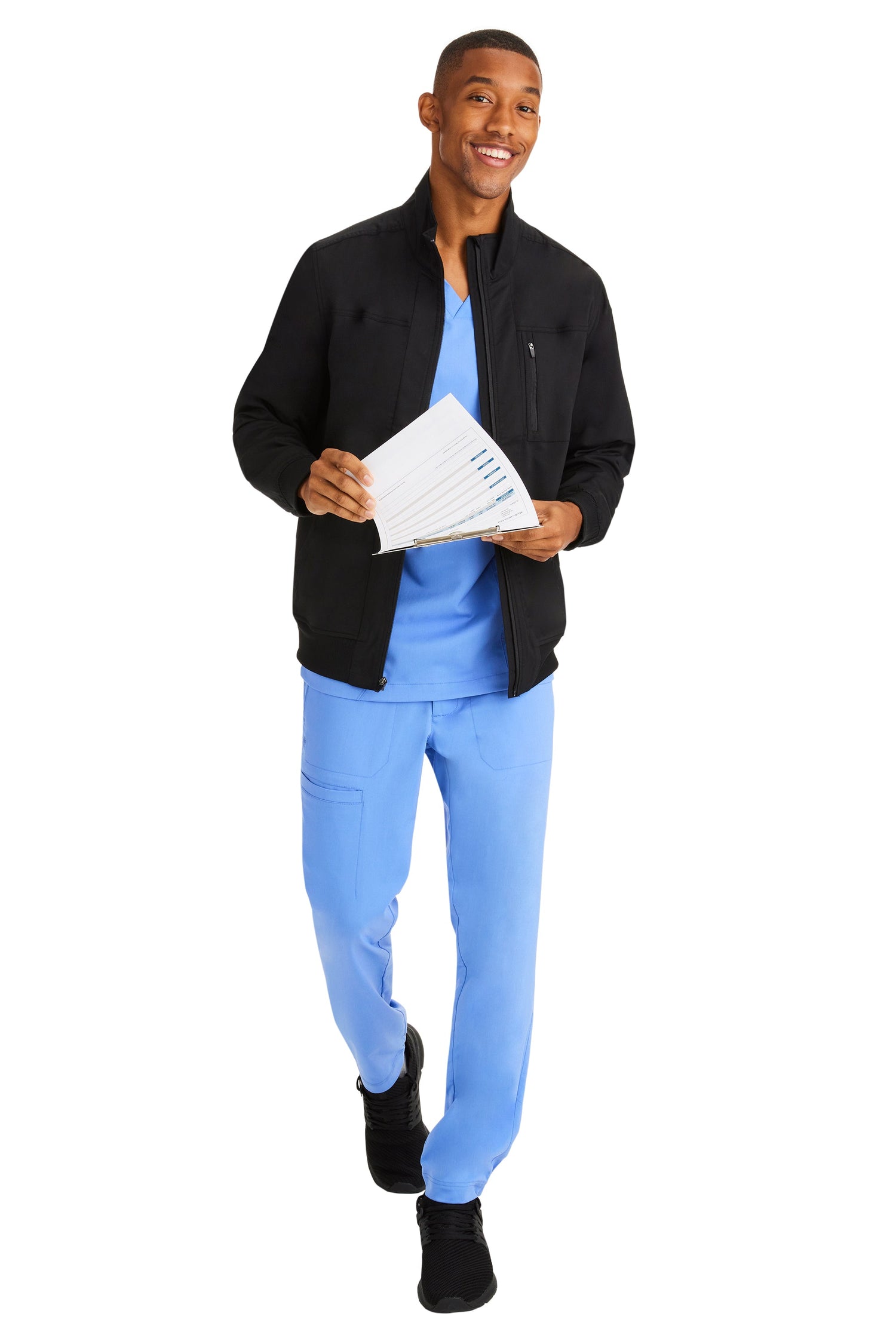 A nurse wearing black healing hands Johnathan jacket