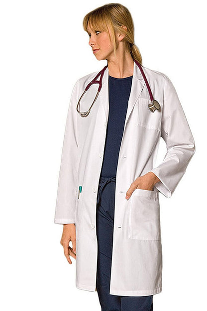 Female Nurse wearing a Dickies white lab coat (Code 83403) with a stethoscope on a white background